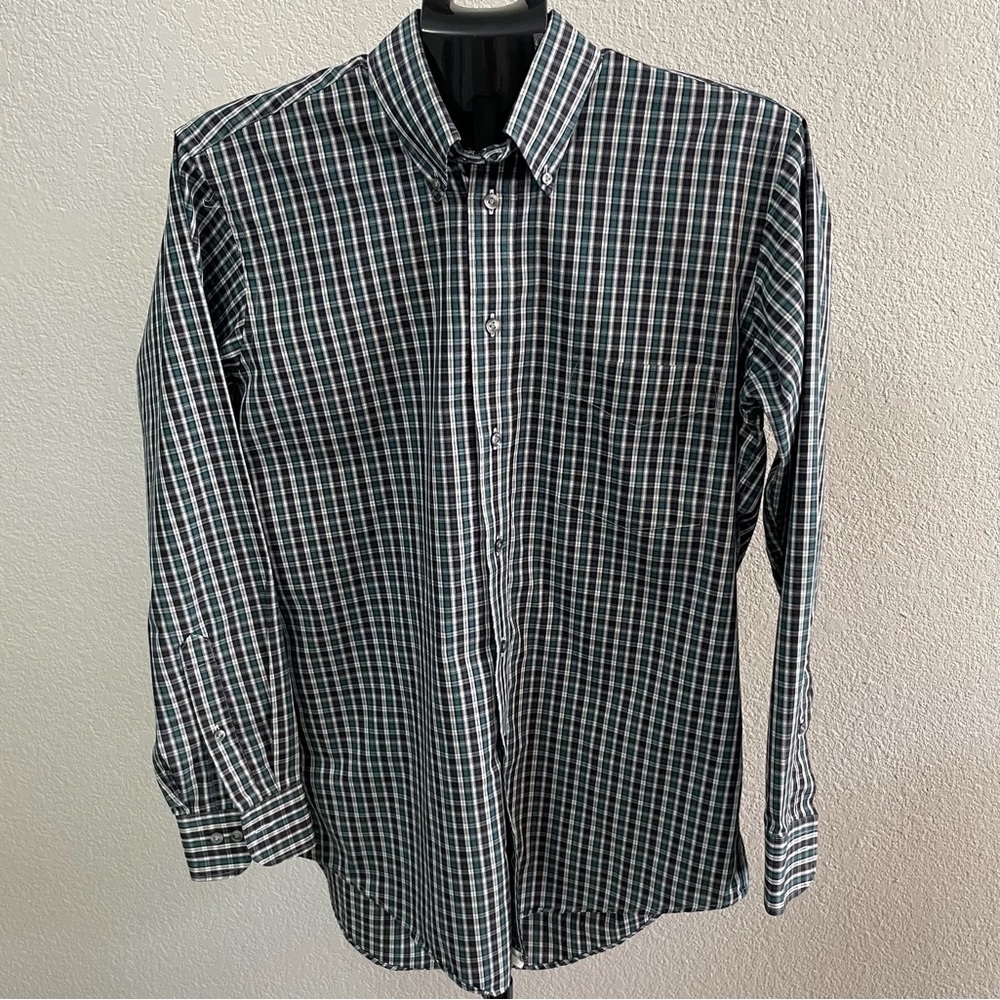Hathaway Green and Blue Plaid Long Sleeve Button Down Neck Size 15 1/2
